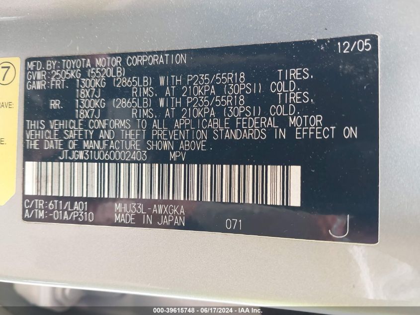 2006 Lexus Rx 400H VIN: JTJGW31U060002403 Lot: 39615748