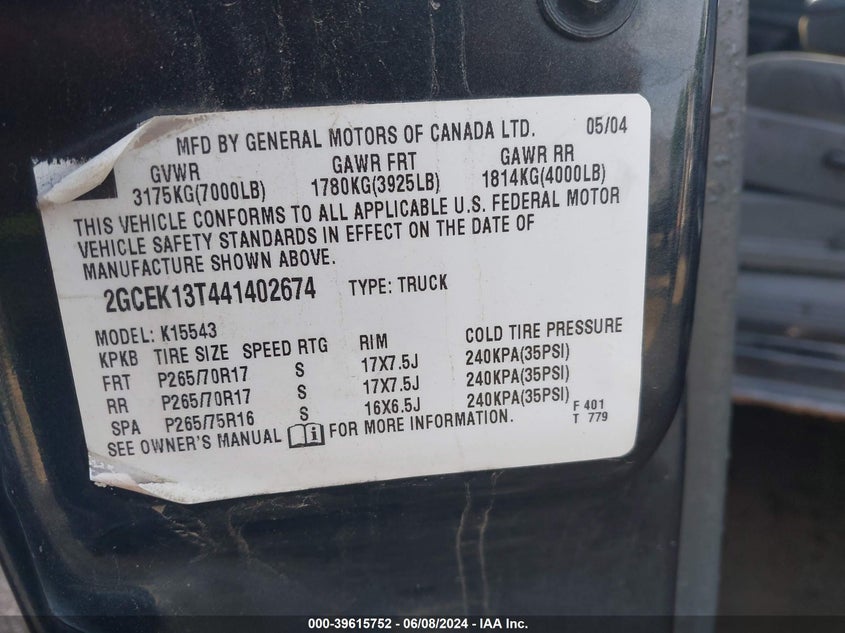 2004 Chevrolet Silverado 1500 Ls VIN: 2GCEK13T441402674 Lot: 39615752