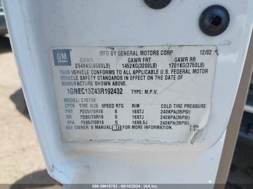 2003 Chevrolet Tahoe Lt VIN: 1GNEC13Z43R192432 Lot: 39615753