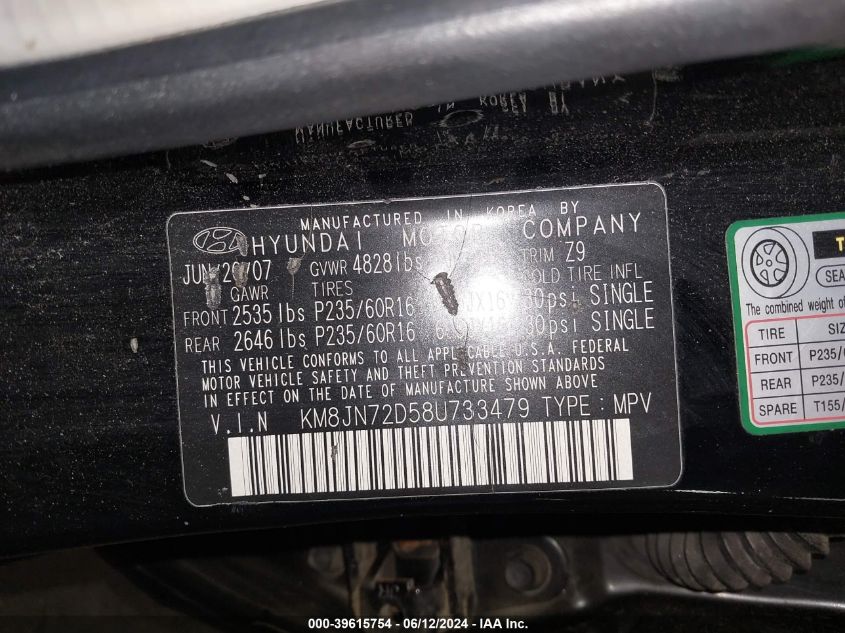 2008 Hyundai Tucson Limited V6/Se VIN: KM8JN72D58U733479 Lot: 39615754