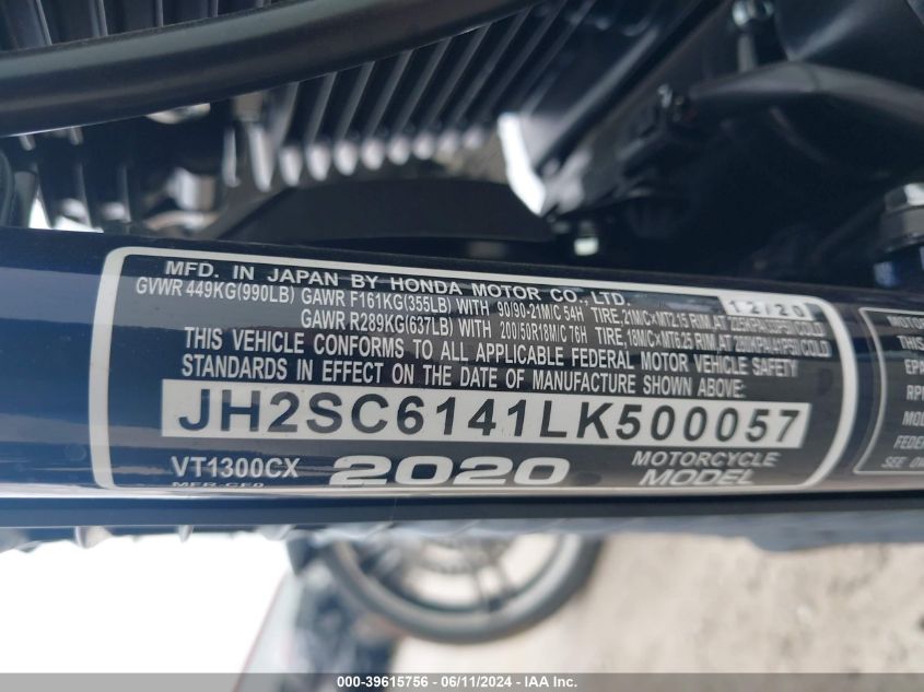 2020 Honda Vt1300 Cx VIN: JH2SC6141LK500057 Lot: 39615756