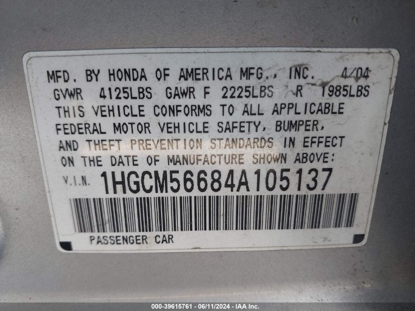 2004 Honda Accord 2.4 Ex VIN: 1HGCM56684A105137 Lot: 39615761