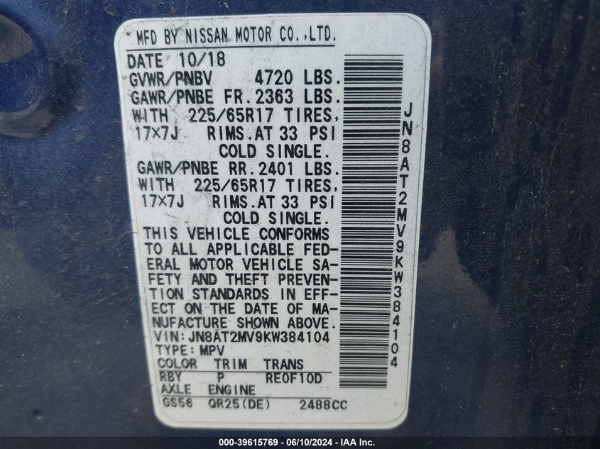 2019 Nissan Rogue Sv VIN: JN8AT2MV9KW384104 Lot: 39615769