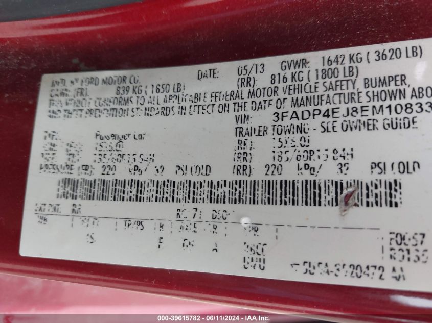 2014 Ford Fiesta Se VIN: 3FADP4EJ8EM108334 Lot: 39615782