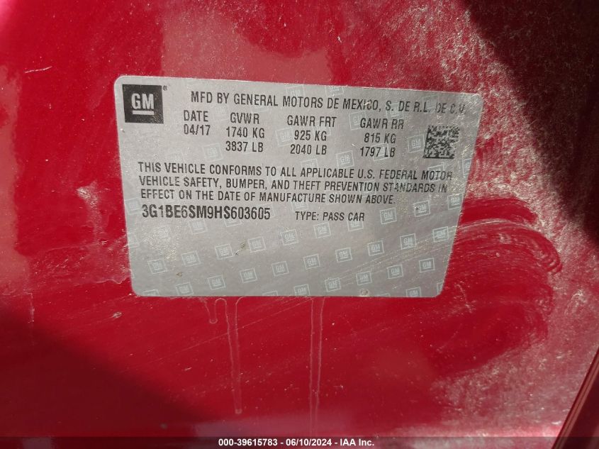 2017 Chevrolet Cruze Lt Auto VIN: 3G1BE6SM9HS603605 Lot: 39615783