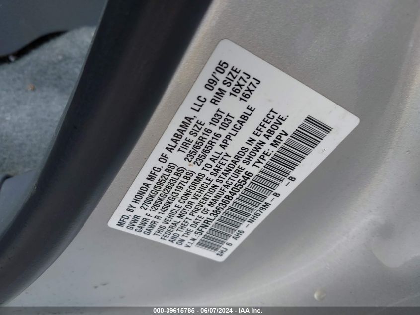 2006 Honda Odyssey Ex-L VIN: 5FNRL38636B405546 Lot: 39615785