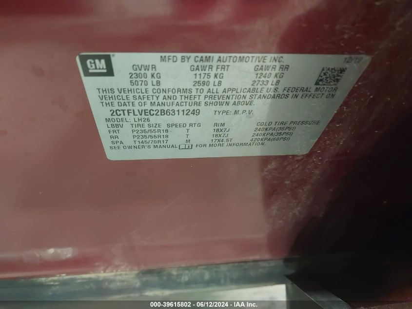 2011 GMC Terrain Slt-1 VIN: 2CTFLVEC2B6311249 Lot: 39615802