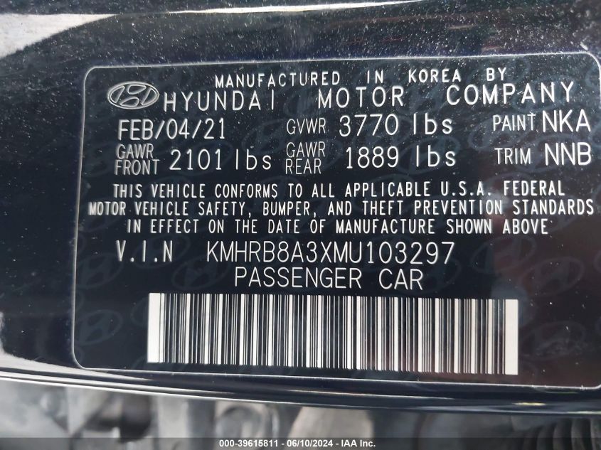 2021 Hyundai Venue Se VIN: KMHRB8A3XMU103297 Lot: 39615811