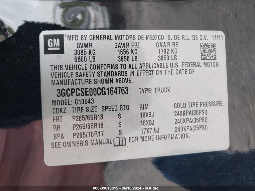 2012 Chevrolet Silverado 1500 Lt VIN: 3GCPCSE00CG164763 Lot: 39615815