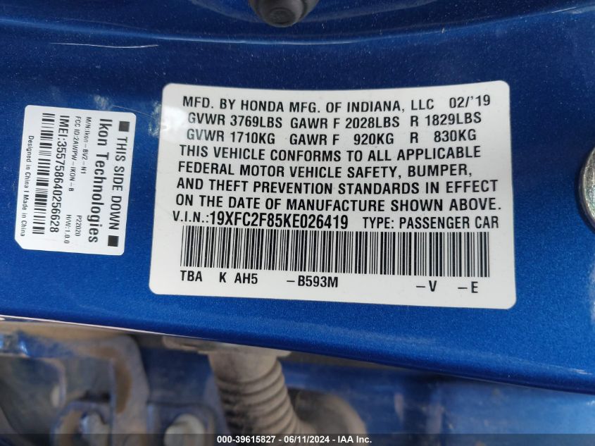 2019 Honda Civic Sport VIN: 19XFC2F85KE026419 Lot: 39615827