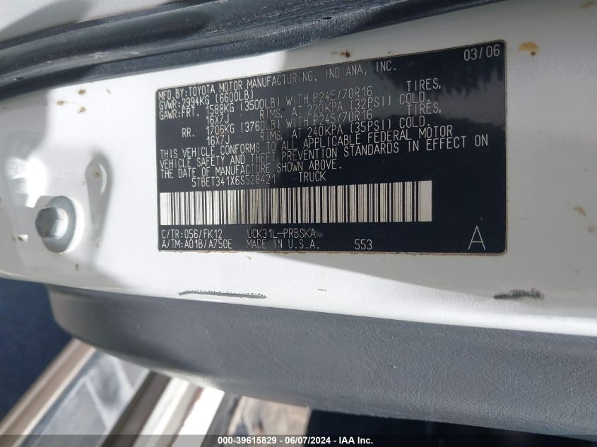 2006 Toyota Tundra Sr5 V8 VIN: 5TBET341X6S528421 Lot: 39615829