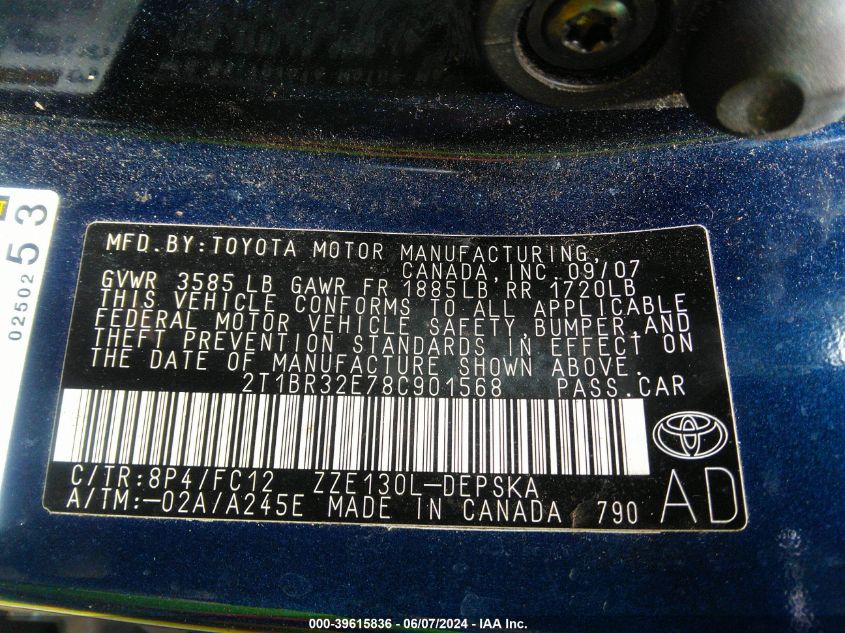 2008 Toyota Corolla S VIN: 2T1BR32E78C901568 Lot: 39615836