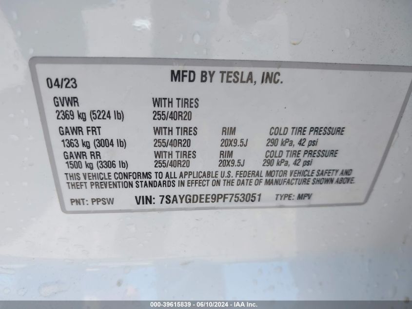 2023 Tesla Model Y Awd/Long Range Dual Motor All-Wheel Drive VIN: 7SAYGDEE9PF753051 Lot: 39615839