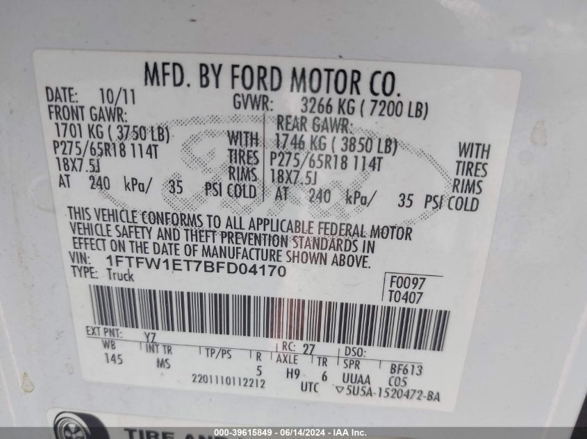 2011 Ford F-150 Xlt VIN: 1FTFW1ET7BFD04170 Lot: 39615849