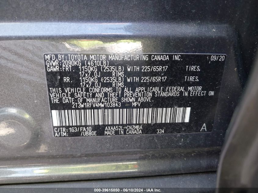 2021 TOYOTA RAV4 XLE/XLE PREMIUM - 2T3W1RFV4MW103843