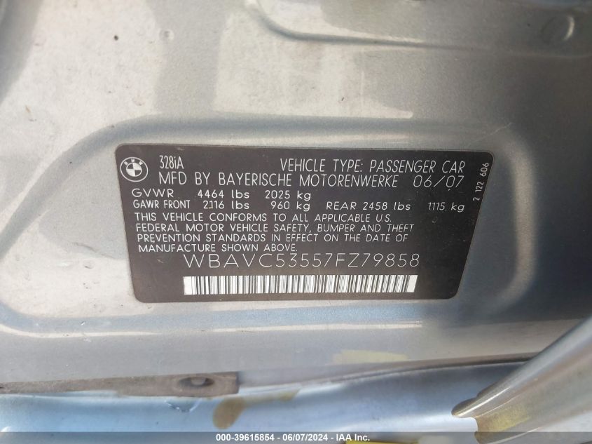 2007 BMW 328I VIN: WBAVC53557FZ79858 Lot: 39615854