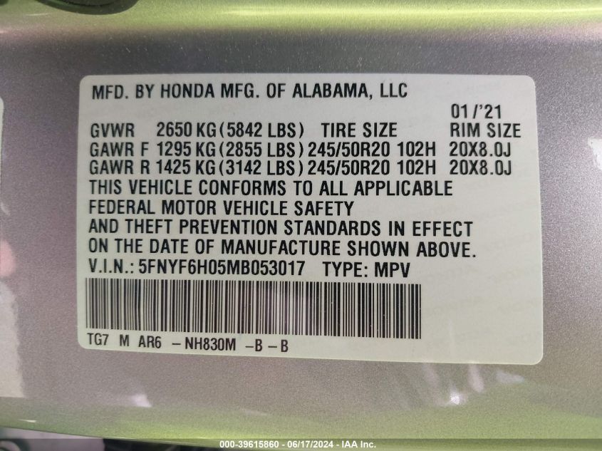 2021 Honda Pilot Awd Elite VIN: 5FNYF6H05MB053017 Lot: 39615860