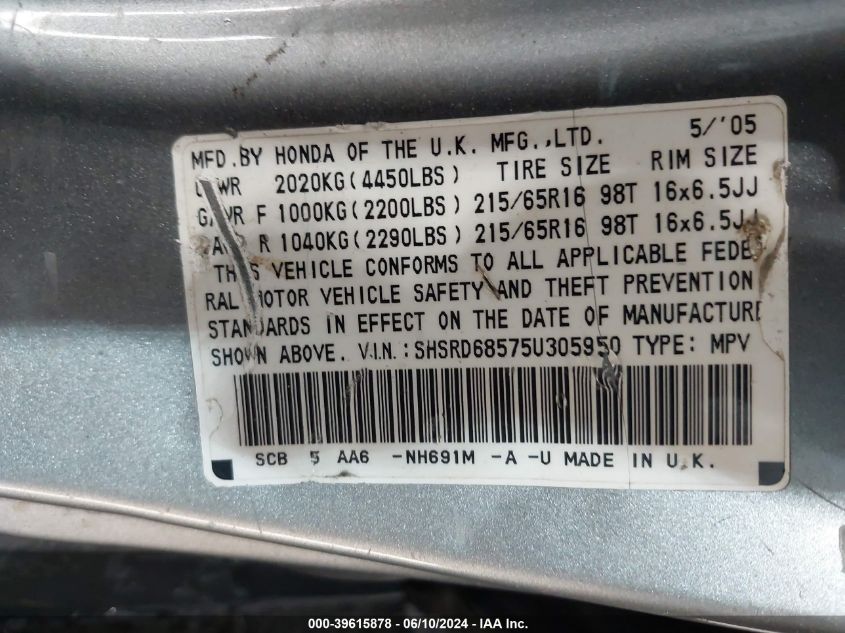 2005 Honda Cr-V Lx VIN: SHSRD68575U305950 Lot: 39615878