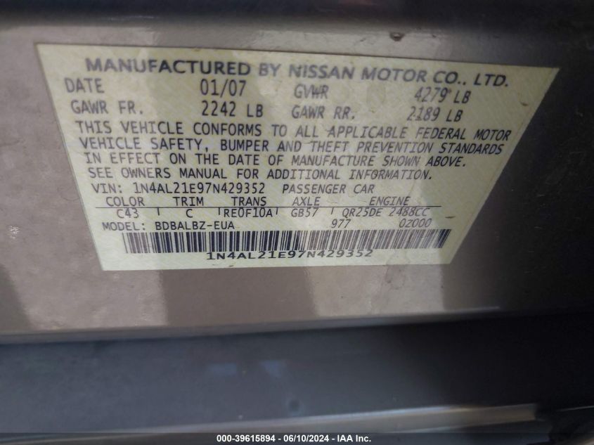 2007 Nissan Altima 2.5 S VIN: 1N4AL21E97N429352 Lot: 39615894