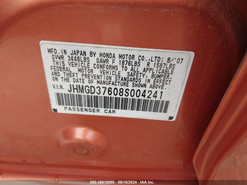 2008 Honda Fit Sport VIN: JHMGD37608S004241 Lot: 39615898