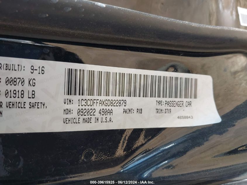 2016 Dodge Dart Sxt Sport Blacktop VIN: 1C3CDFFAXGD822879 Lot: 39615925