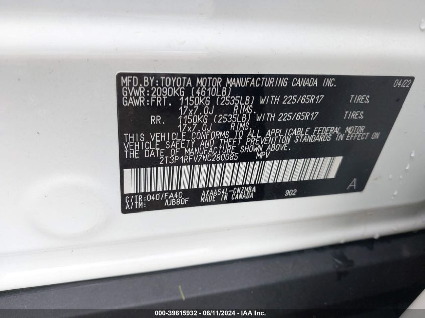 2022 Toyota Rav4 Xle VIN: 2T3P1RFV7NC280085 Lot: 39615932
