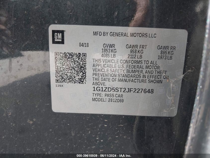 2018 Chevrolet Malibu Lt VIN: 1G1ZD5ST2JF227648 Lot: 40084149