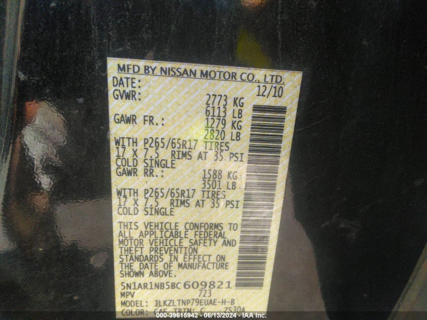 2011 Nissan Pathfinder Silver VIN: 5N1AR1NB5BC609821 Lot: 39615942