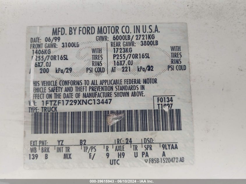 1999 Ford F-150 Work Series/Xl/Xlt VIN: 1FTZF1729XNC13447 Lot: 39615943