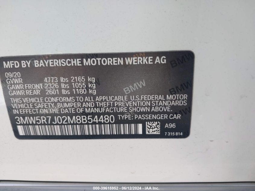 2021 BMW 330I xDrive VIN: 3MW5R7J02M8B54480 Lot: 39615952