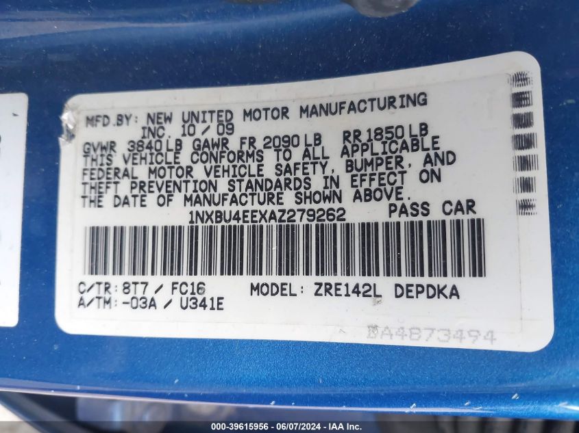 2010 Toyota Corolla Le VIN: 1NXBU4EEXAZ279262 Lot: 39615956