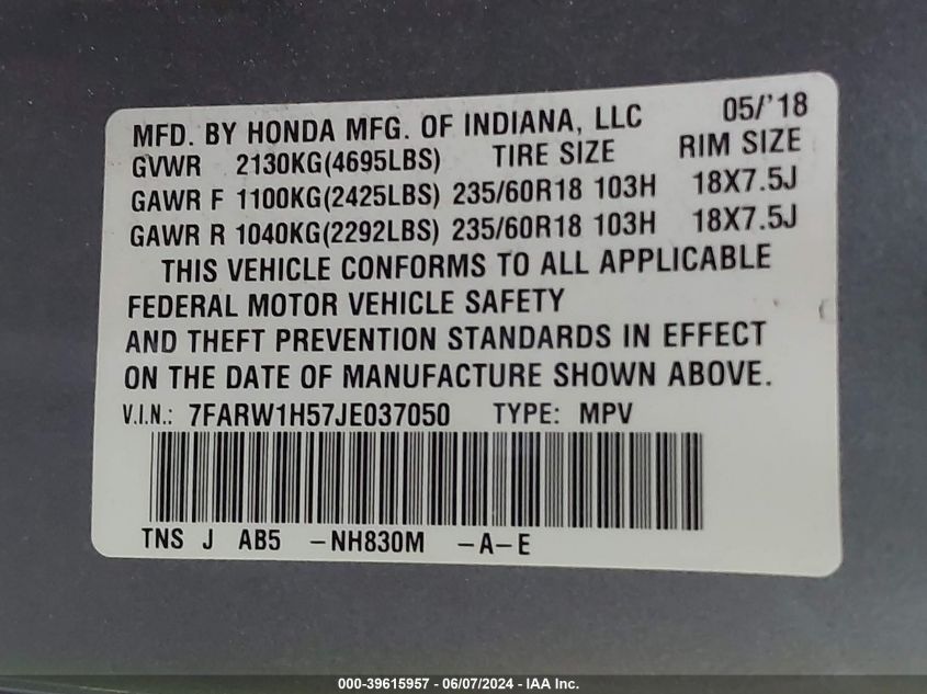 2018 Honda Cr-V Ex VIN: 7FARW1H57JE037050 Lot: 39615957