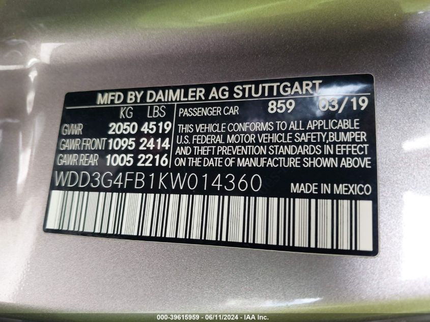 2019 Mercedes-Benz A 220 4Matic VIN: WDD3G4FB1KW014360 Lot: 39615959