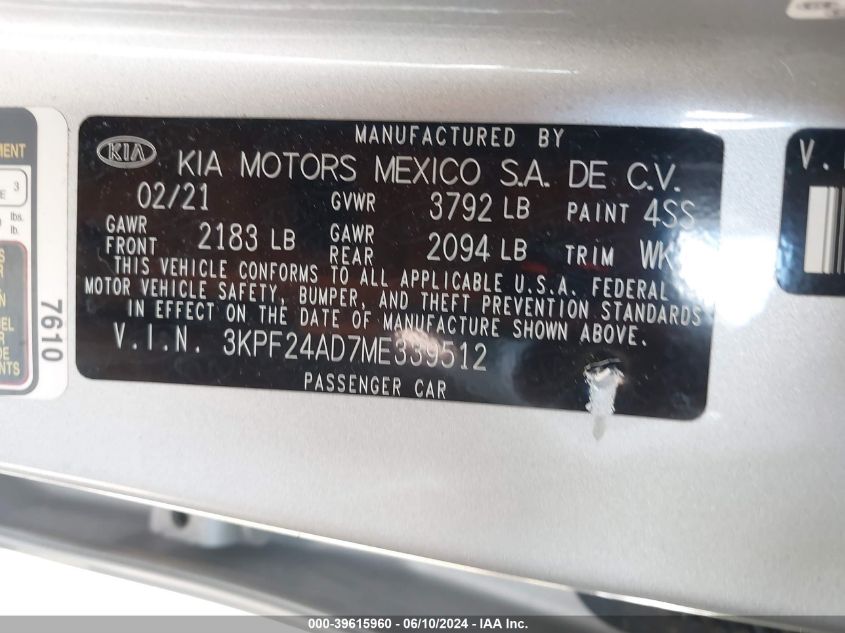 2021 Kia Forte Lxs VIN: 3KPF24AD7ME339512 Lot: 39615960
