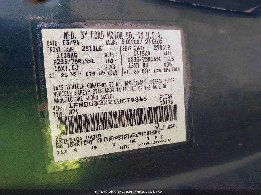 1996 Ford Explorer VIN: 1FMDU32X2TUC79865 Lot: 39615982