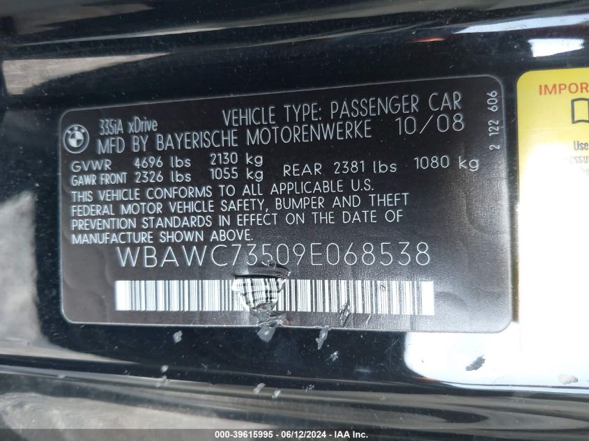 2009 BMW 335I xDrive VIN: WBAWC73509E068538 Lot: 39615995
