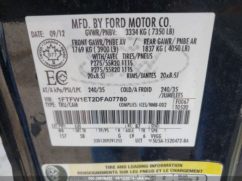 2013 Ford F-150 Fx4 VIN: 1FTFW1ET2DFA07780 Lot: 39616022