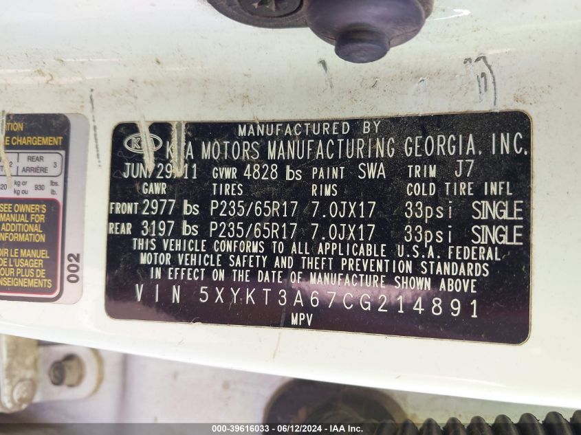 2012 Kia Sorento Lx VIN: 5XYKT3A67CG214891 Lot: 39616033