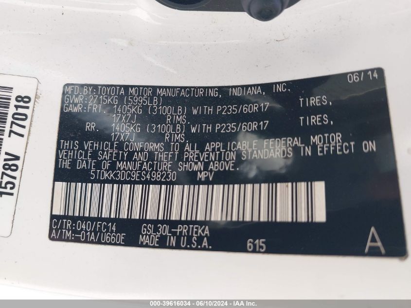 2014 Toyota Sienna Le V6 8 Passenger VIN: 5TDKK3DC9ES498230 Lot: 39616034