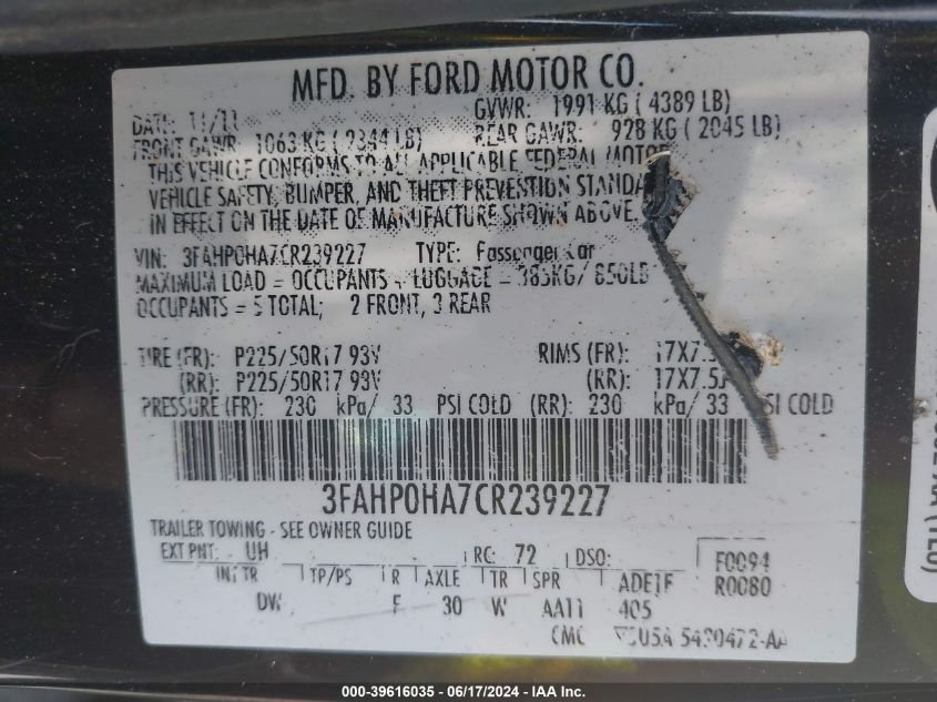 2012 Ford Fusion Se VIN: 3FAHP0HA7CR239227 Lot: 39616035