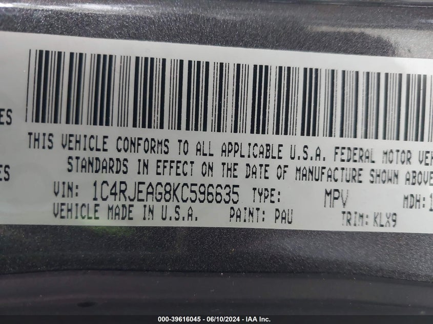 2019 Jeep Grand Cherokee Altitude 4X2 VIN: 1C4RJEAG8KC596635 Lot: 39616045