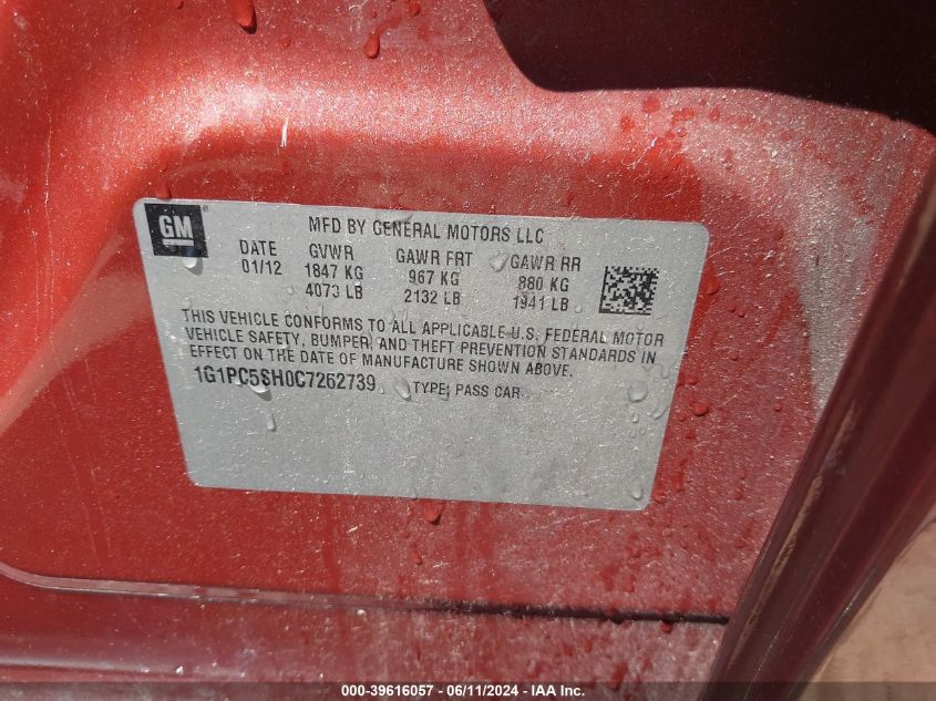 2012 Chevrolet Cruze Ls VIN: 1G1PC5SH0C7262739 Lot: 39616057