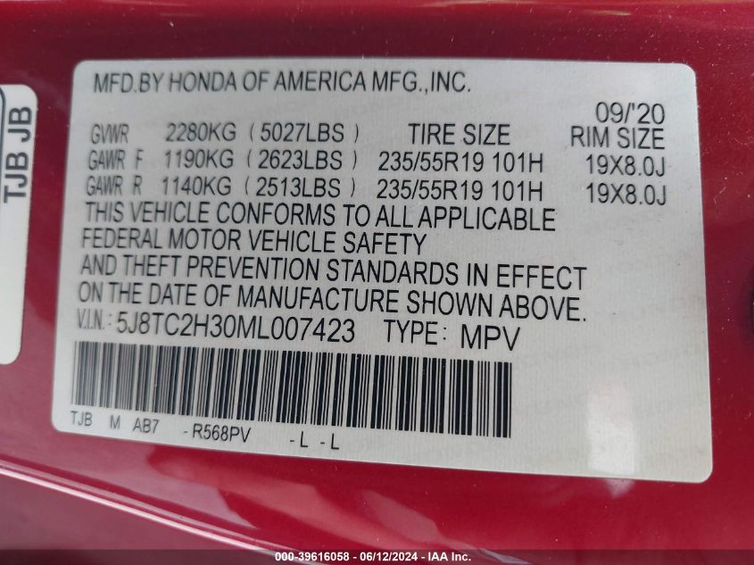 2021 Acura Rdx Standard VIN: 5J8TC2H30ML007423 Lot: 39616058