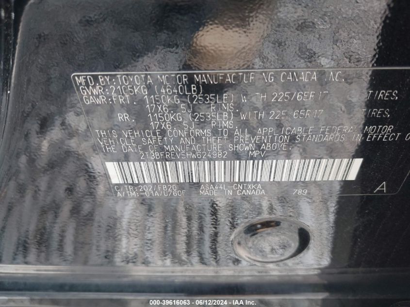 2017 Toyota Rav4 Le VIN: 2T3BFREV5HW624982 Lot: 39616063