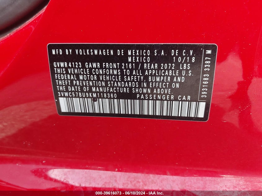 2019 Volkswagen Jetta 1.4T R-Line/1.4T S/1.4T Se VIN: 3VWC57BU9KM118360 Lot: 39616073