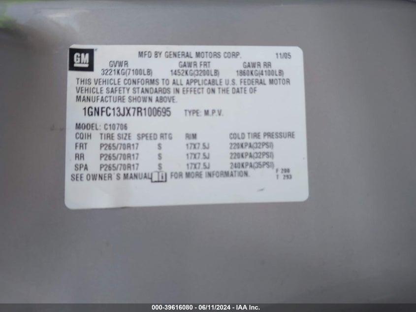 2007 Chevrolet Tahoe Ls VIN: 1GNFC13JX7R100695 Lot: 39616080