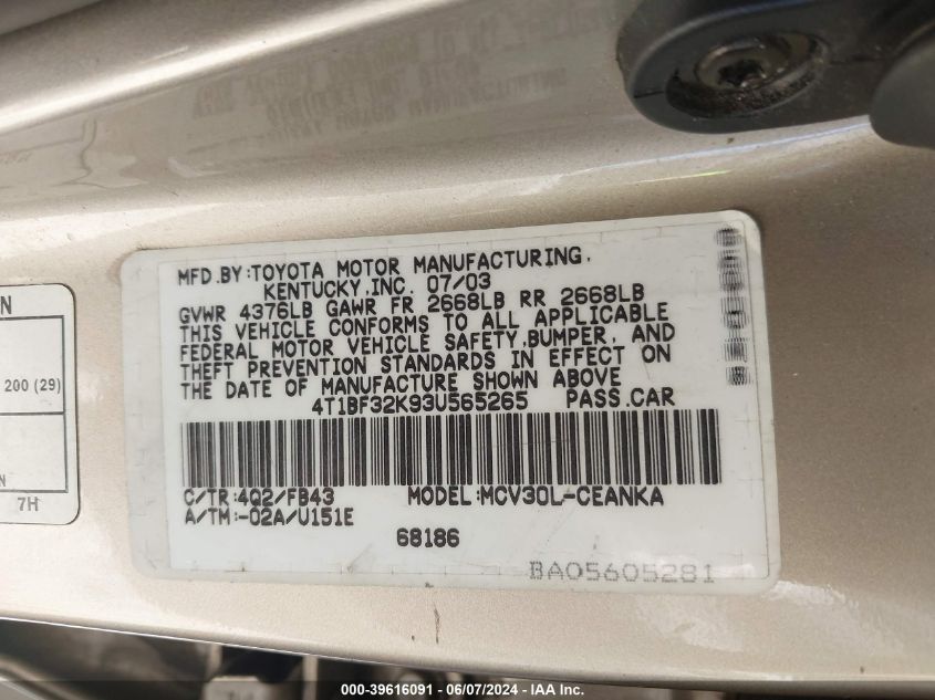2003 Toyota Camry Le V6 VIN: 4T1BF32K93U565265 Lot: 39616091