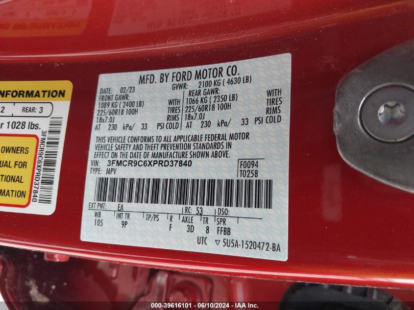 2023 Ford Bronco Sport Outer Banks VIN: 3FMCR9C6XPRD37840 Lot: 39616101