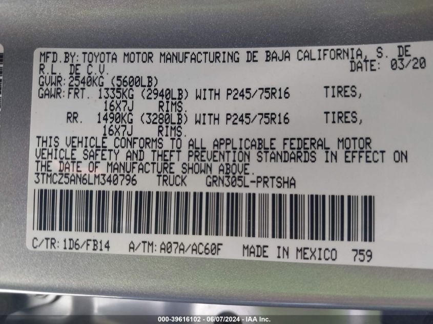 2020 Toyota Tacoma Sr V6 VIN: 3TMCZ5AN6LM340796 Lot: 39616102
