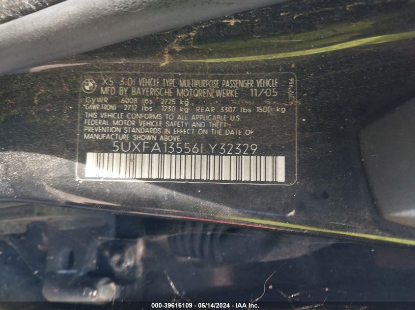 2006 BMW X5 3.0I VIN: 5UXFA13556LY32329 Lot: 39616109